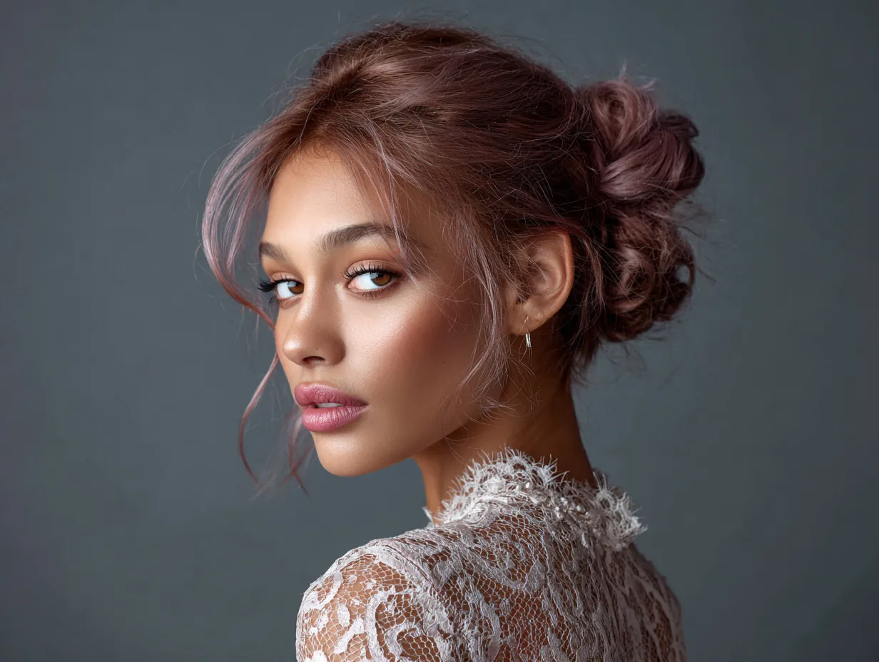 headshot, woman with low messy bun at the nape of the neck, soft twists and tendrils, hair colored in rose gold and lilac haze blend, neutral makeup, twilight lighting, lace neckline visible
