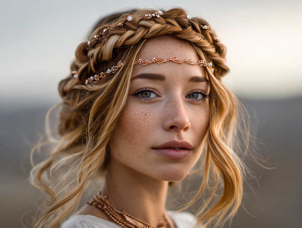 headshot, woman with braided crown wrapped around head, loose waves flowing underneath, hair in a gradient of rose gold and honey blonde, natural skin texture, delicate jewelry, golden hour lighting, romantic and soft atmosphere, original facial features