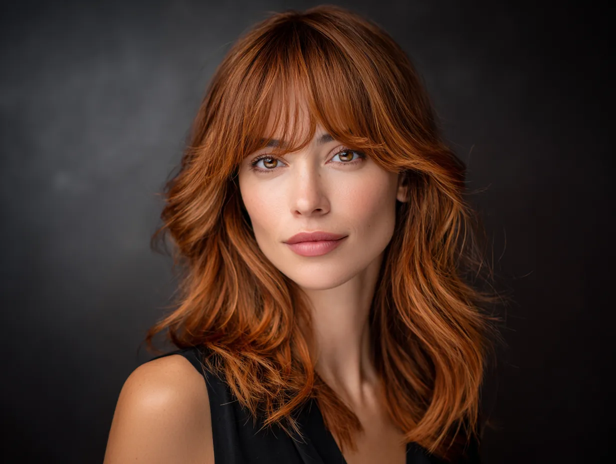headshot, woman with long face-framing layers, soft waves, vibrant orange and pale coral balayage, curtain bangs blending into layers, subtle makeup, warm natural lighting, elegant and feminine feel