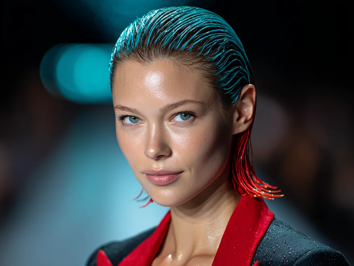 headshot, woman with slicked back wet-look hair, hair cascading behind shoulders, vivid cyan blue and flame red strands interwoven, runway lighting, glossy skin, fashion-forward outfit visible at neckline, edgy atmosphere