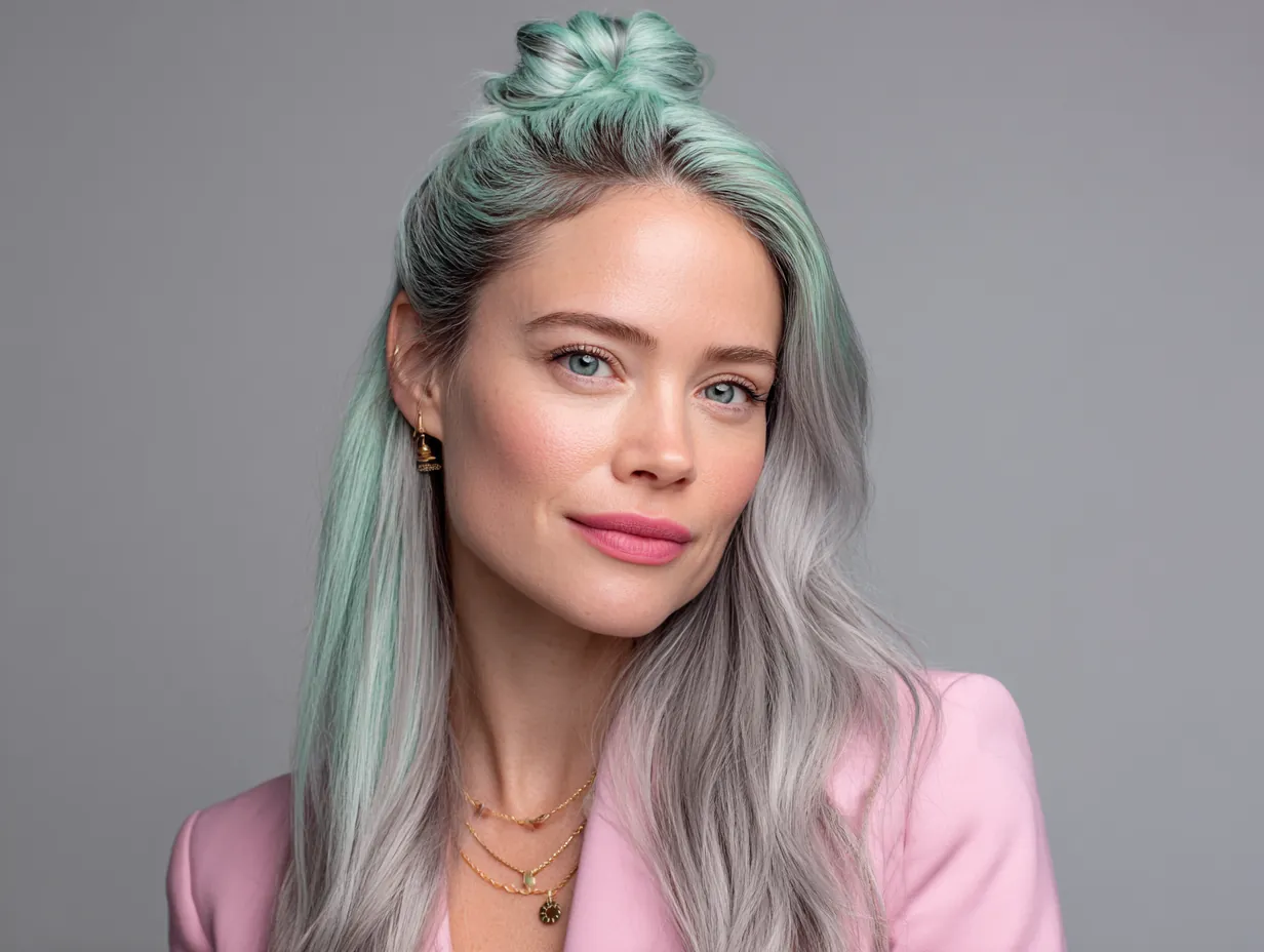 headshot, woman with long half-up twisted hairstyle, smooth strands pinned at crown, vibrant coral pink and mint green balayage, clean makeup, minimalist blazer, office lighting, calm background