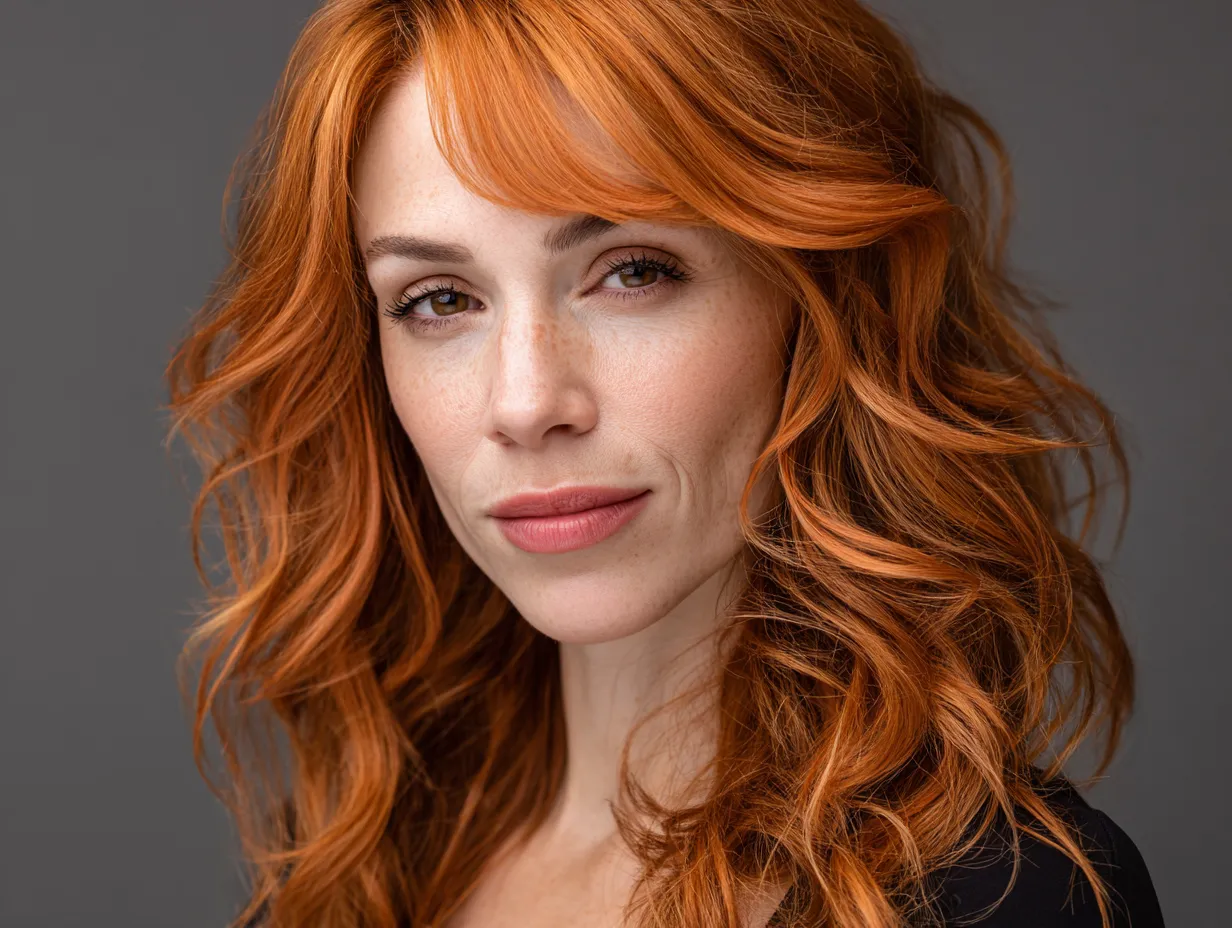 headshot, woman with long face-framing layers, soft waves, vibrant orange and pale coral balayage, curtain bangs blending into layers, subtle makeup, warm natural lighting, elegant and feminine feel