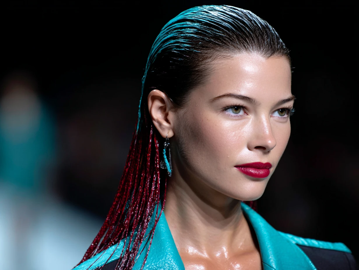 headshot, woman with slicked back wet-look hair, hair cascading behind shoulders, vivid cyan blue and flame red strands interwoven, runway lighting, glossy skin, fashion-forward outfit visible at neckline, edgy atmosphere