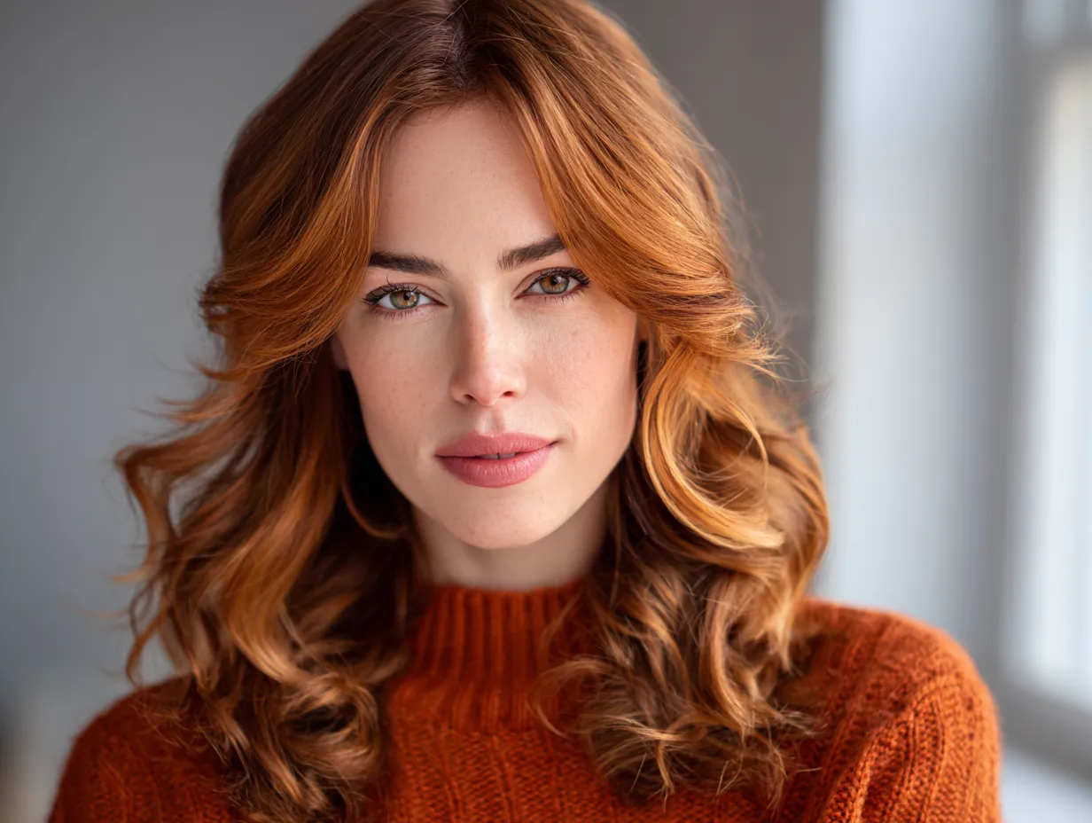 headshot, woman with long face-framing layers, soft waves, vibrant orange and pale coral balayage, curtain bangs blending into layers, subtle makeup, warm natural lighting, elegant and feminine feel