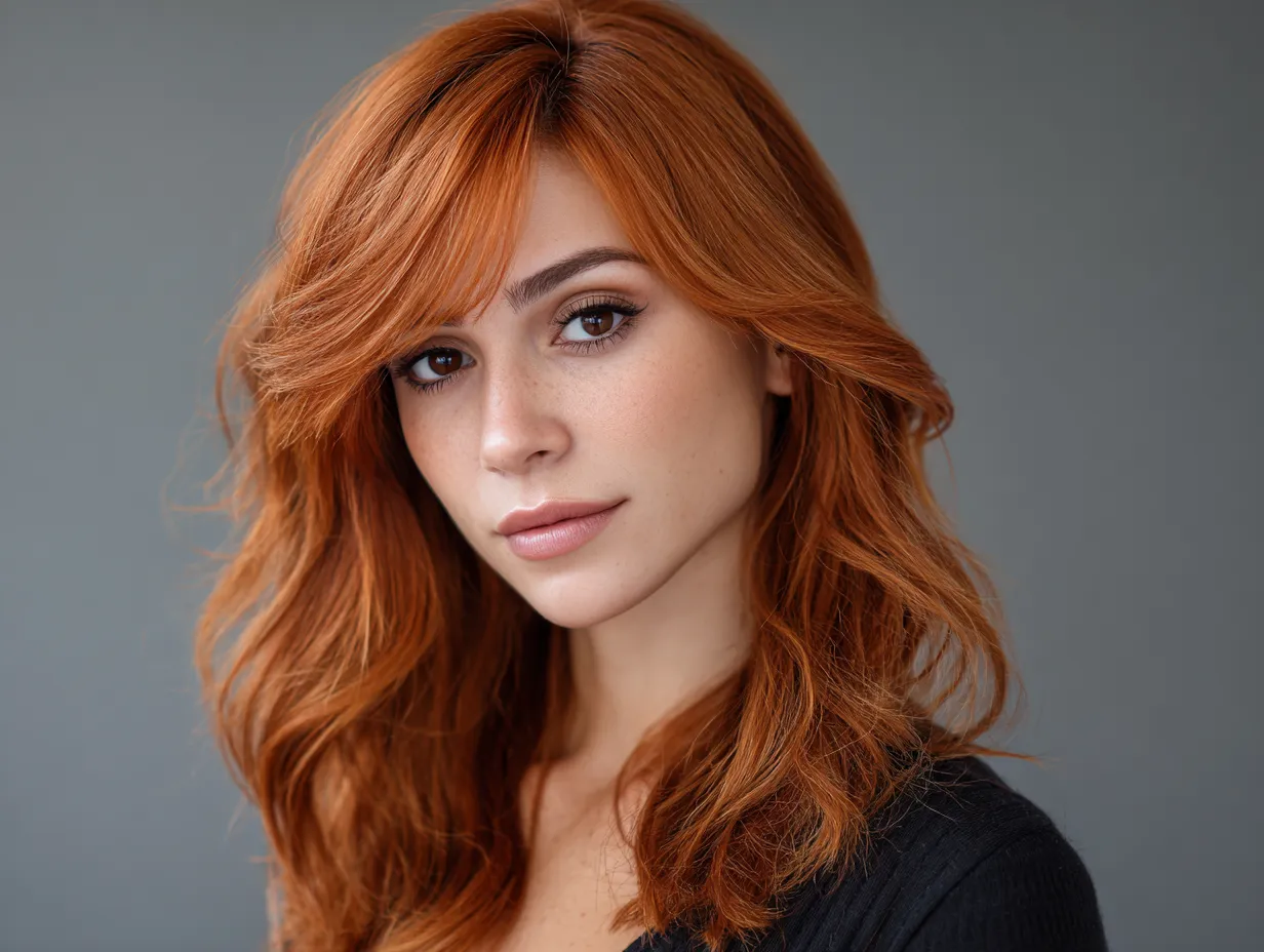 headshot, woman with long face-framing layers, soft waves, vibrant orange and pale coral balayage, curtain bangs blending into layers, subtle makeup, warm natural lighting, elegant and feminine feel