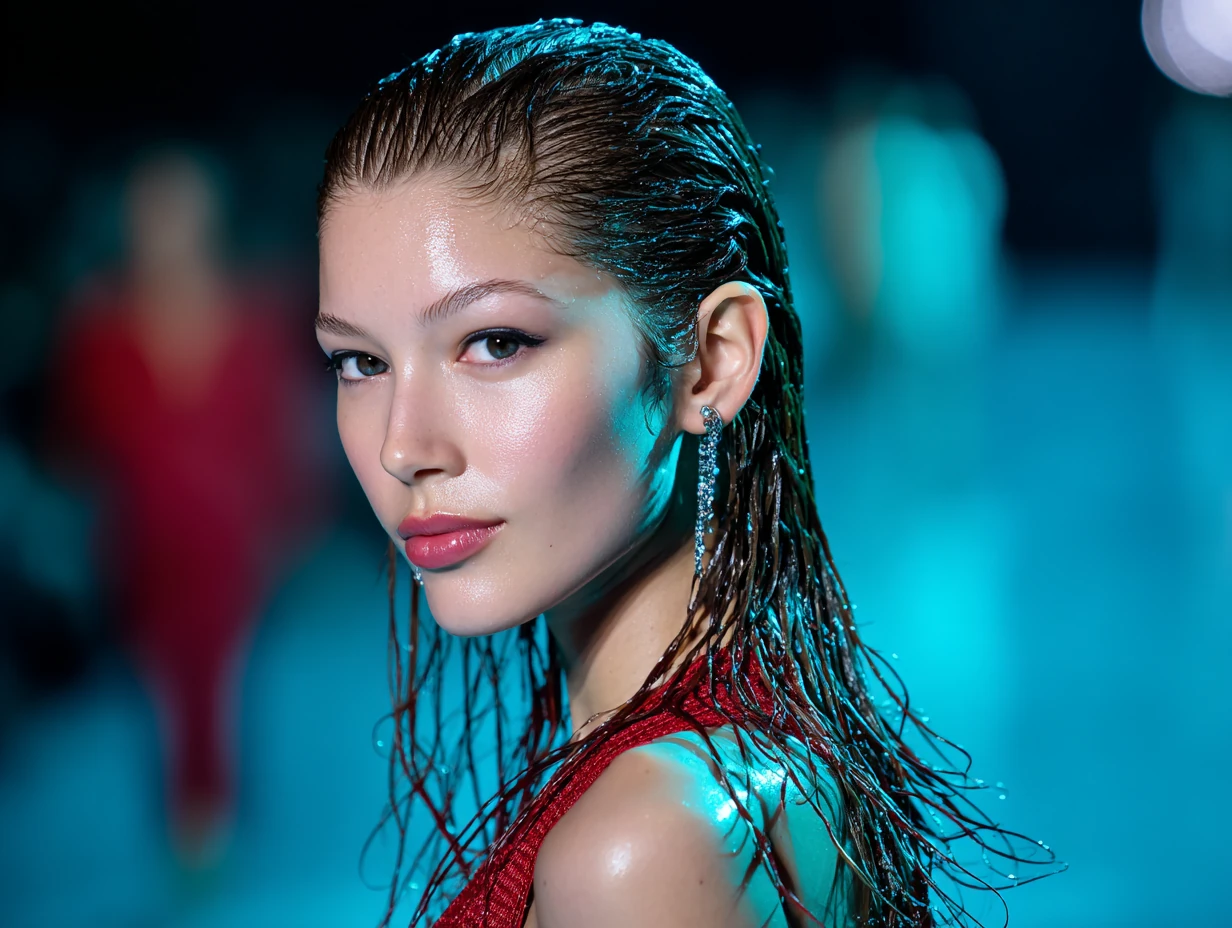 headshot, woman with slicked back wet-look hair, hair cascading behind shoulders, vivid cyan blue and flame red strands interwoven, runway lighting, glossy skin, fashion-forward outfit visible at neckline, edgy atmosphere