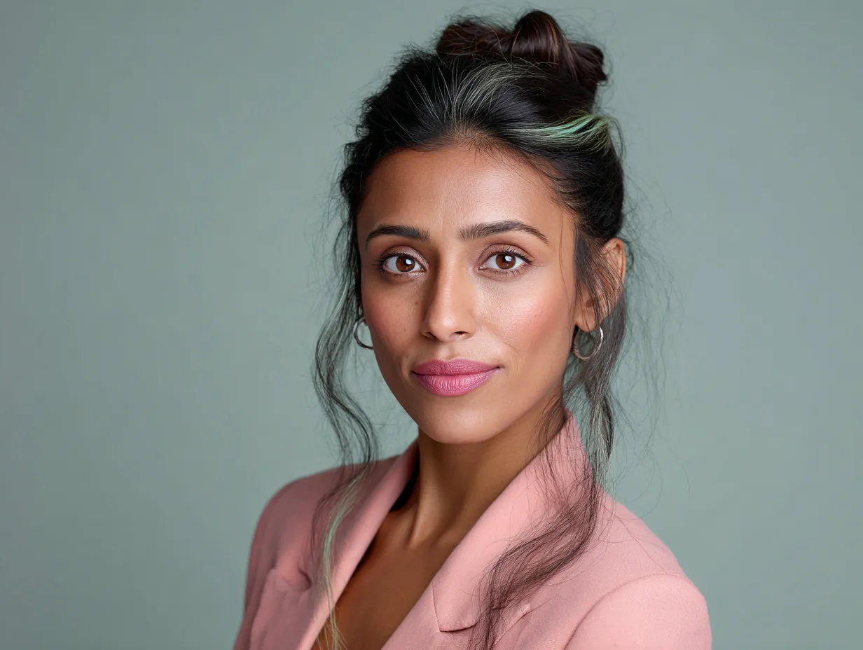 headshot, woman with long half-up twisted hairstyle, smooth strands pinned at crown, vibrant coral pink and mint green balayage, clean makeup, minimalist blazer, office lighting, calm background