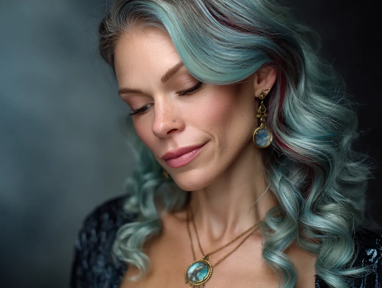 headshot, woman with long side-swept waves, deep side part, glossy hair in aquamarine and cherry red streaks, soft glam makeup, twilight lighting, romantic and cinematic vibe, delicate jewelry