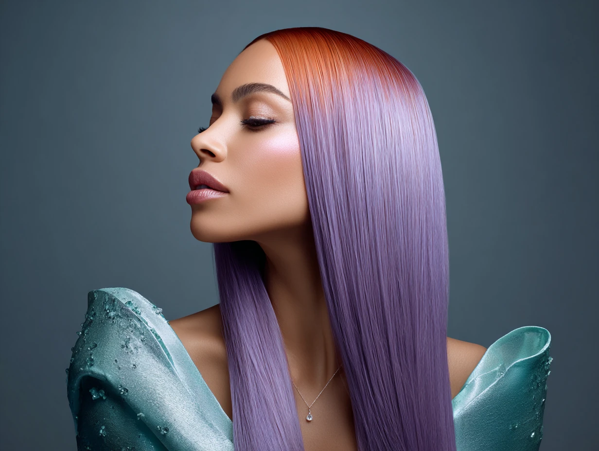 headshot, woman with ultra-straight long hair, sleek middle part, hair color gradient of neon tangerine and icy violet, smooth glassy finish, editorial-style lighting, luxe gown neckline visible, moody background