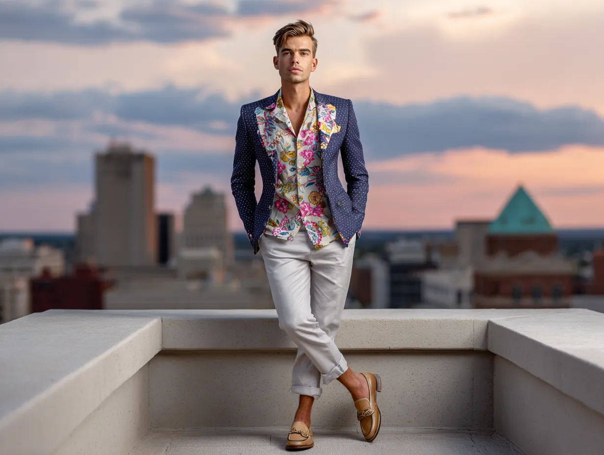 full length male model standing on city rooftop at sunset, wearing tailored navy blazer over bold floral Hawaiian shirt, slim cropped trousers, leather loafers, confident expression