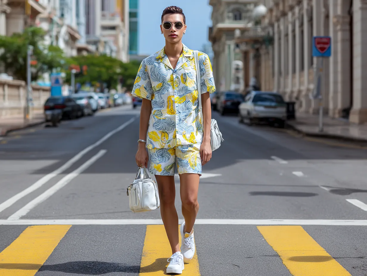 full length androgynous model crossing urban street, wearing coordinated short-sleeve button shirt and shorts set with yellow and blue banana leaf print, white sneakers, retro sunglasses, shoulder sling bag, midday sunlight, crosswalk scene