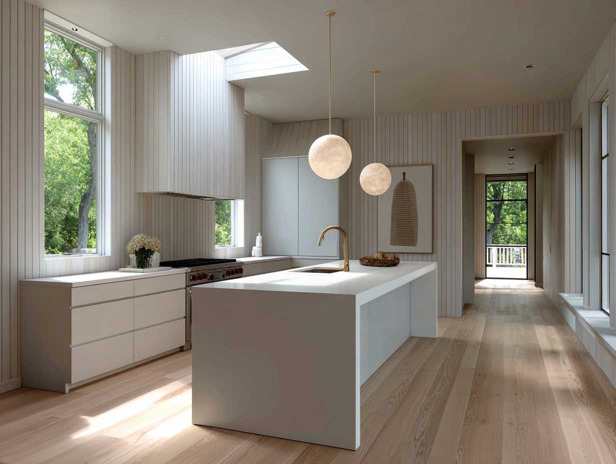 full-length kitchen view, Scandinavian interior, white oak wall paneling, matte white cabinetry, light wood flooring, soft natural daylight, minimal decor, nordic clean aesthetic