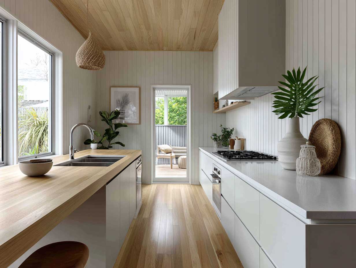 full-length kitchen view, Scandinavian interior, white oak wall paneling, matte white cabinetry, light wood flooring, soft natural daylight, minimal decor, nordic clean aesthetic