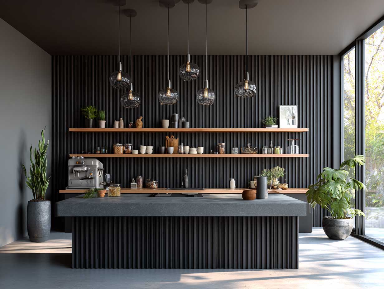 modern kitchen with matte black vertical slat wall paneling, open shelving, dark concrete countertops, pendant lighting, glass elements, clean architectural lines