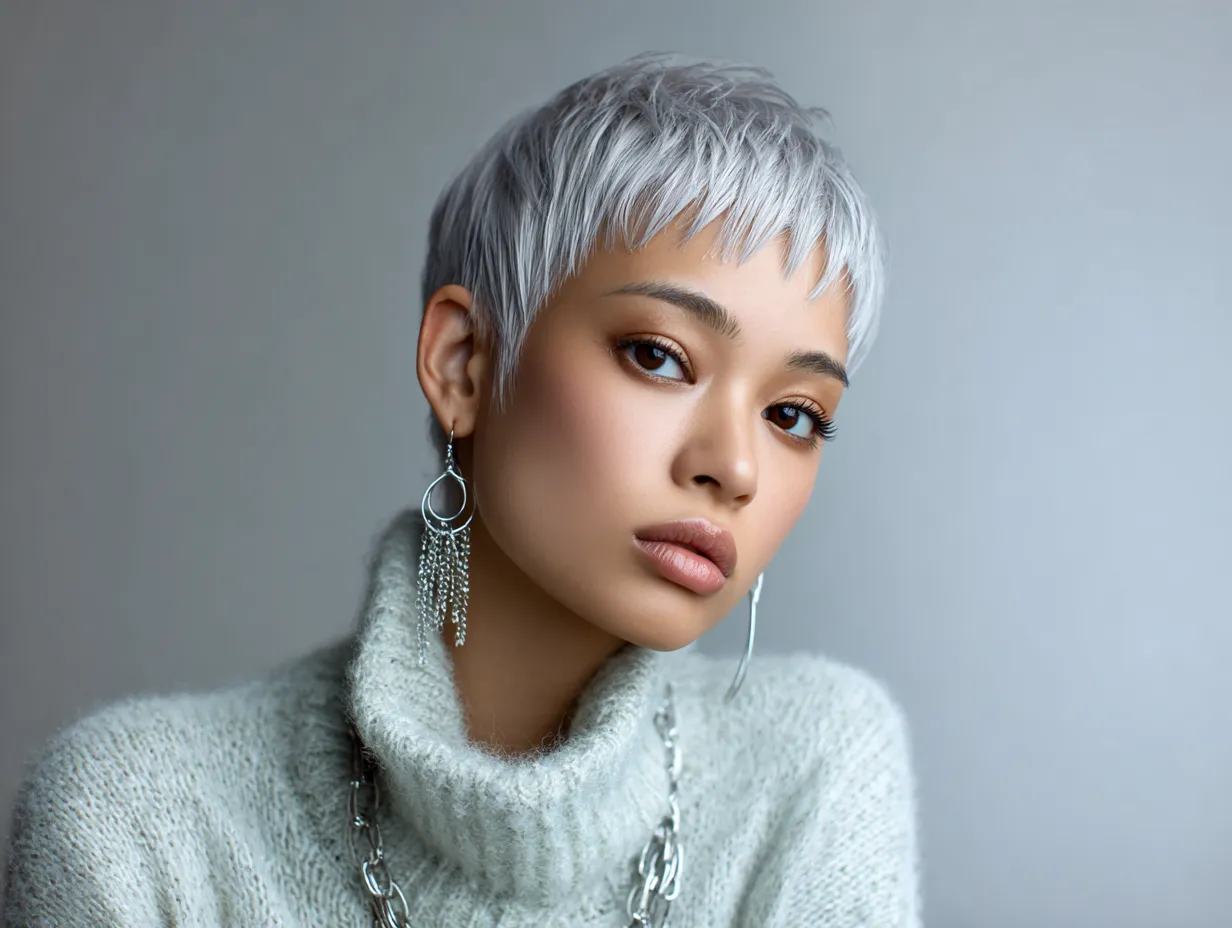 micro pixie Japanese haircut in silver mint, ultra short haircut, clean skin tone, soft background