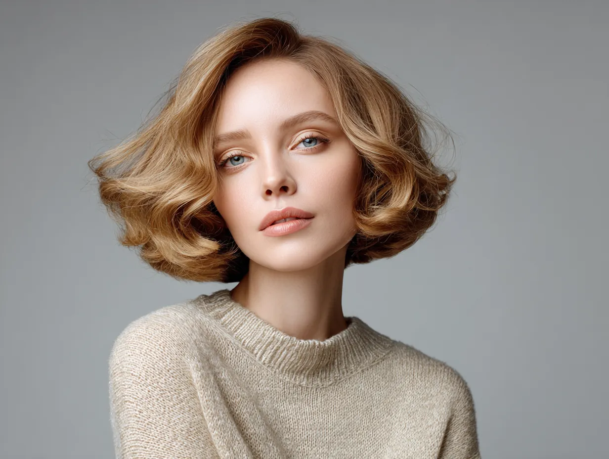 chin length apricot blonde curved ends haircut, Japanese hairstyle, original female face, soft lighting, minimal makeup, contemporary fashion portrait, natural texture, pastel tones