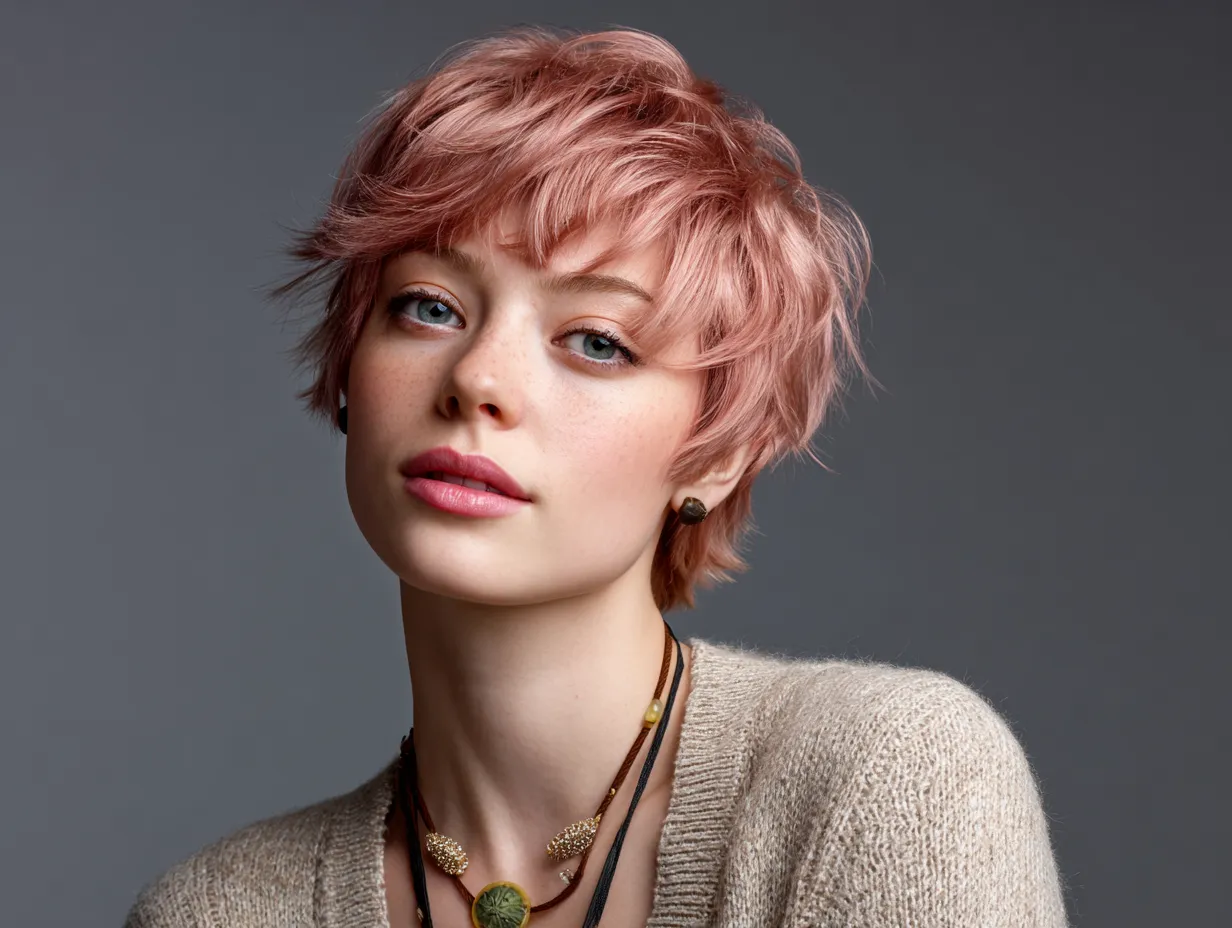 pixie haircut with soft layers in rosewood pink, short Japanese hairstyle, head portrait, warm lighting, youthful look, natural face, artistic modern composition, gentle expression