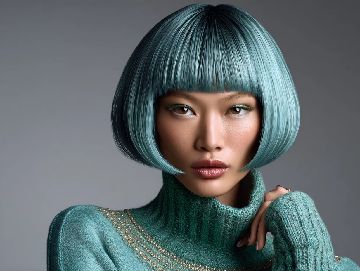 graduated bob haircut in dusty teal, chin length hair, Japanese fashion look, clean geometry, original non-standard face, neutral background, editorial lighting, face-framing