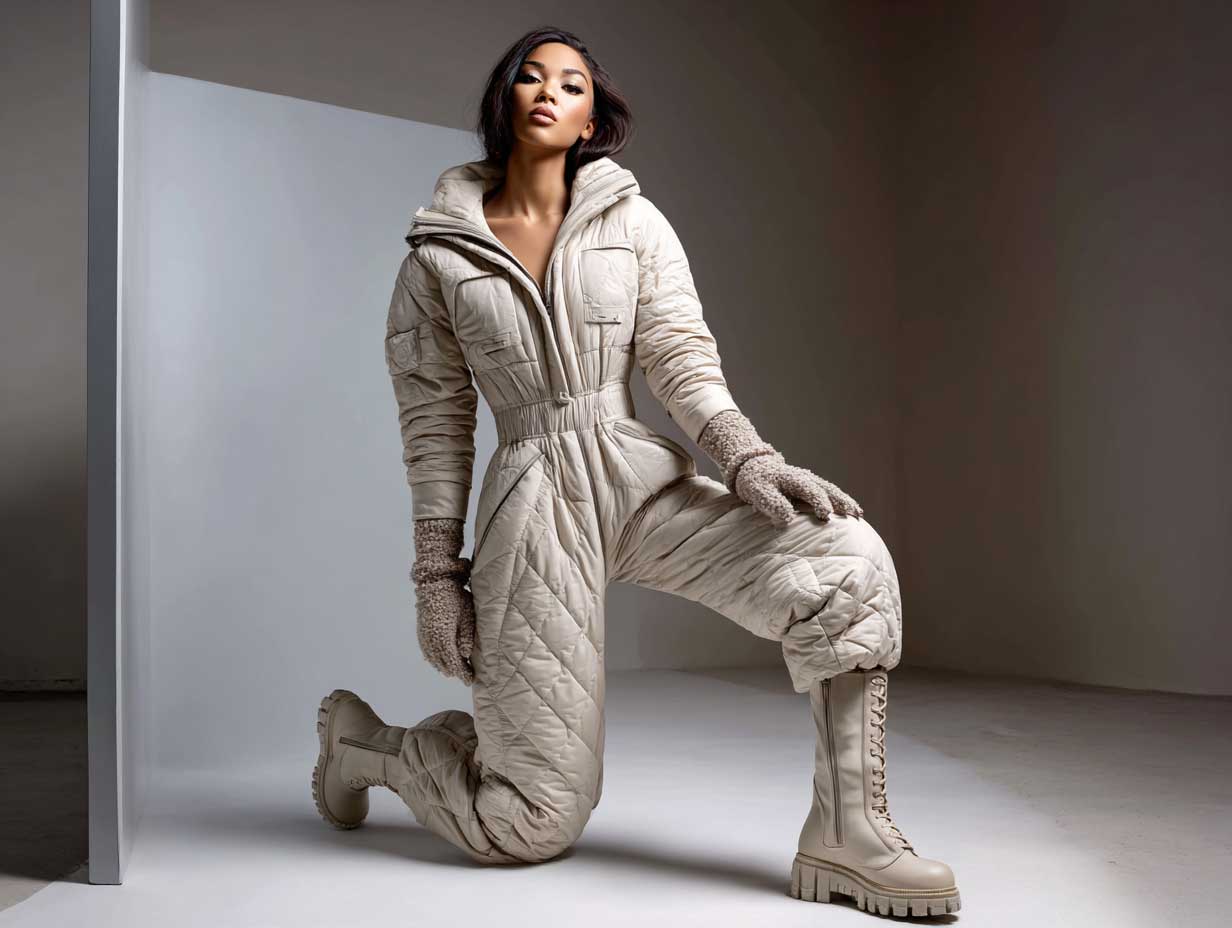 fashion model in a pale beige quilted jumpsuit with utility zippers and exaggerated padding, long matching gloves, tone-on-tone boots, industrial background, futuristic utilitarian fashion, full body, editorial aesthetic