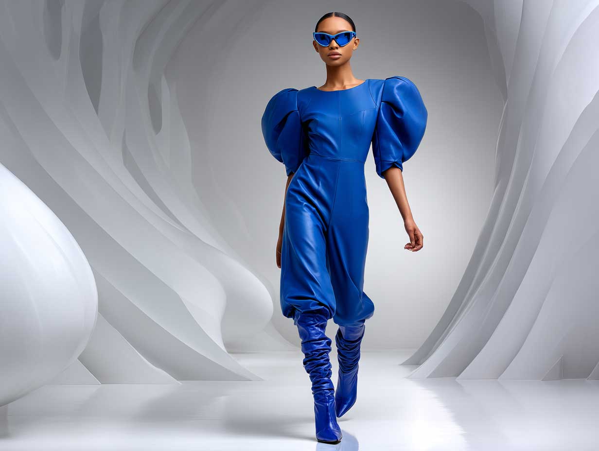 supermodel in a matte cobalt blue structured jumpsuit with exaggerated shoulders and wide legs, sleek leather sculptural boots in matching cobalt, futuristic sunglasses, minimalist backdrop, monochrome lighting, full body shot, high fashion editorial style