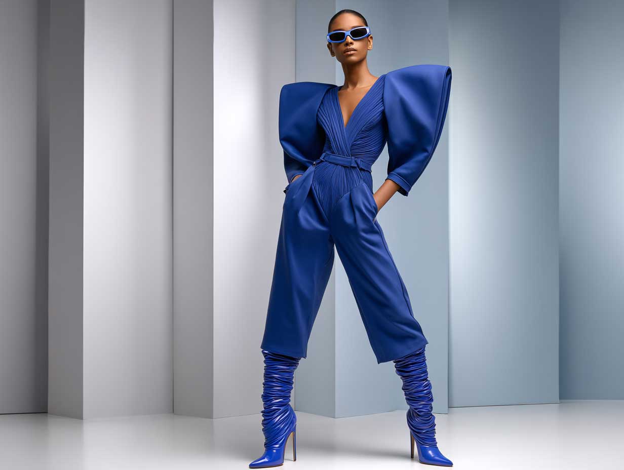 supermodel in a matte cobalt blue structured jumpsuit with exaggerated shoulders and wide legs, sleek leather sculptural boots in matching cobalt, futuristic sunglasses, minimalist backdrop, monochrome lighting, full body shot, high fashion editorial style