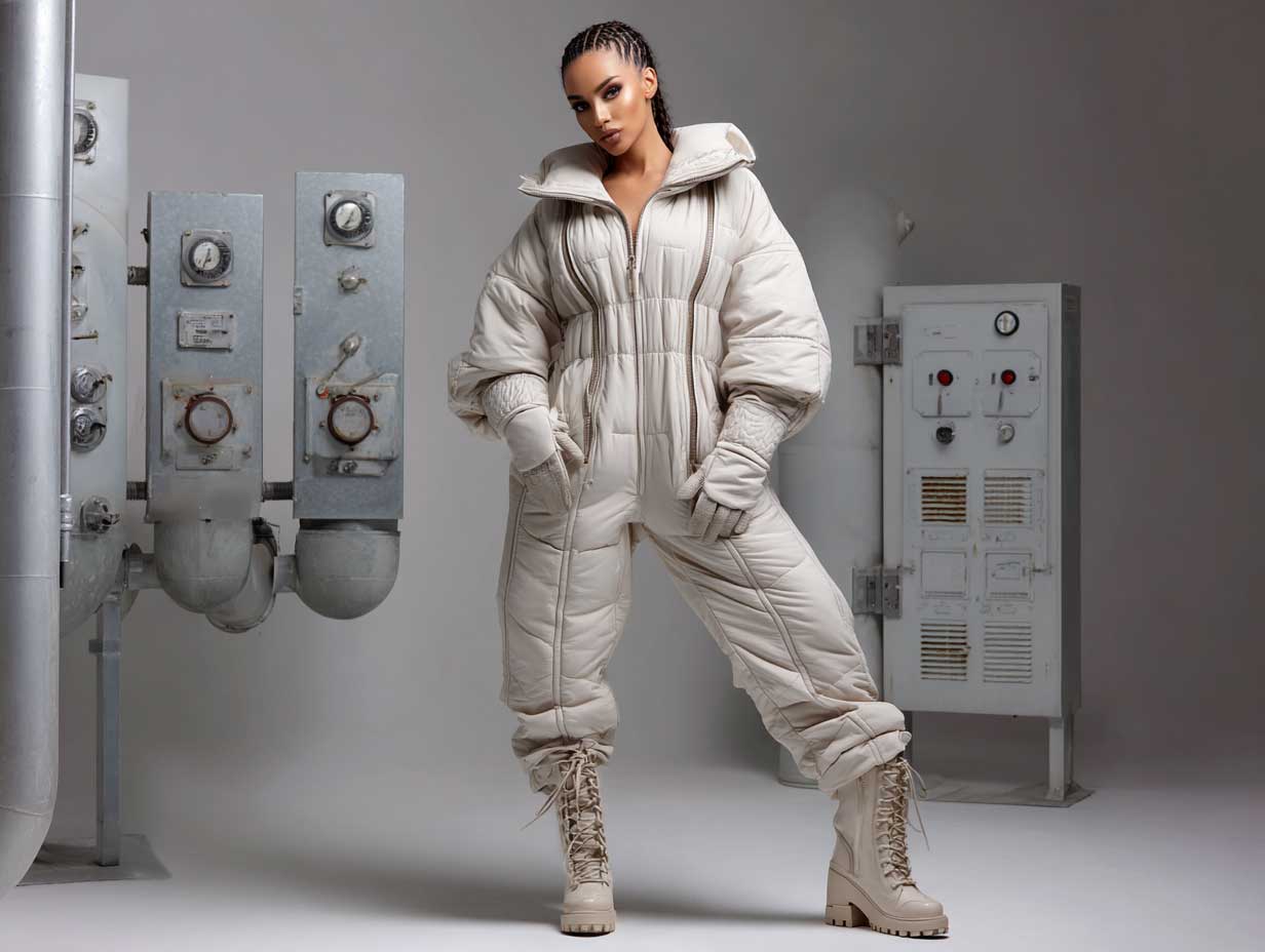 fashion model in a pale beige quilted jumpsuit with utility zippers and exaggerated padding, long matching gloves, tone-on-tone boots, industrial background, futuristic utilitarian fashion, full body, editorial aesthetic