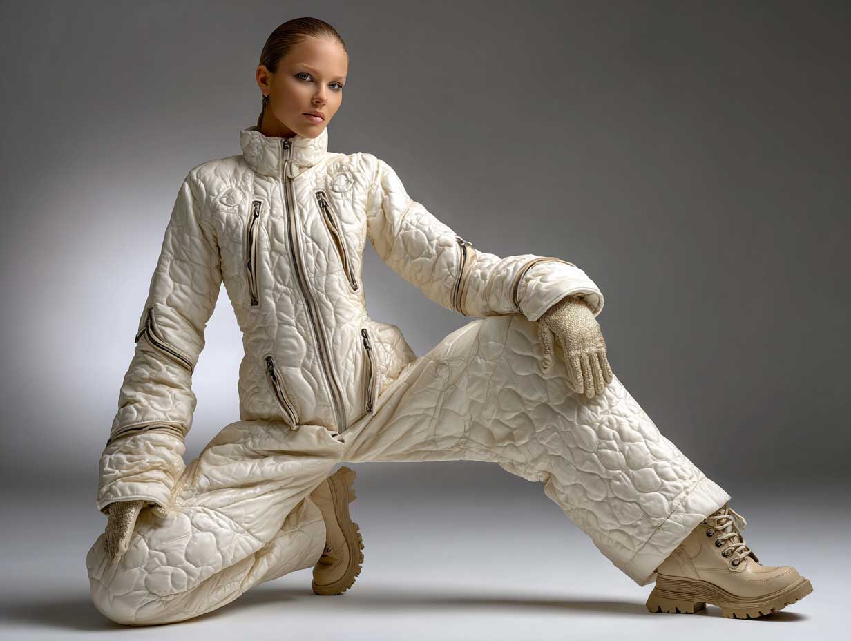 fashion model in a pale beige quilted jumpsuit with utility zippers and exaggerated padding, long matching gloves, tone-on-tone boots, industrial background, futuristic utilitarian fashion, full body, editorial aesthetic