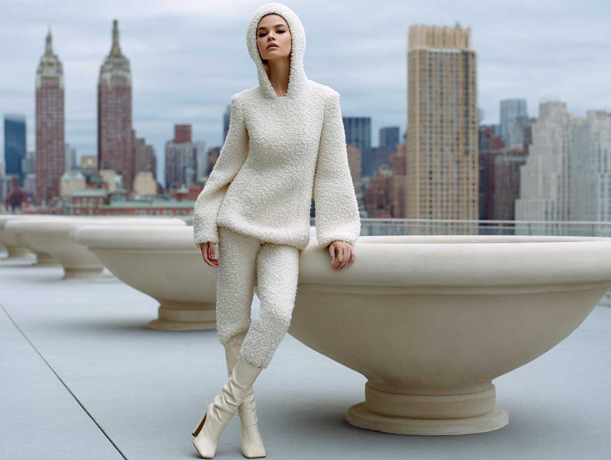 model in a full ivory boucle textured jumpsuit with matching fabric balaclava, tonal block-heeled boots, minimalist urban backdrop, soft cloudy lighting, fashion editorial, winter chic style, full length