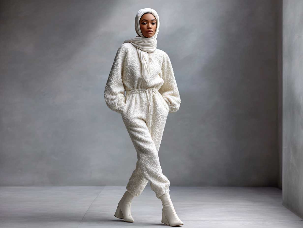 model in a full ivory boucle textured jumpsuit with matching fabric balaclava, tonal block-heeled boots, minimalist urban backdrop, soft cloudy lighting, fashion editorial, winter chic style, full length