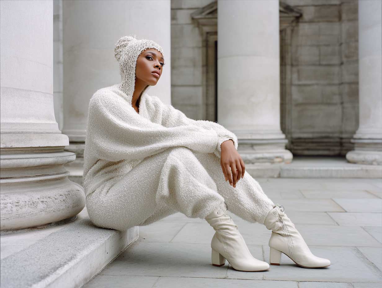model in a full ivory boucle textured jumpsuit with matching fabric balaclava, tonal block-heeled boots, minimalist urban backdrop, soft cloudy lighting, fashion editorial, winter chic style, full length