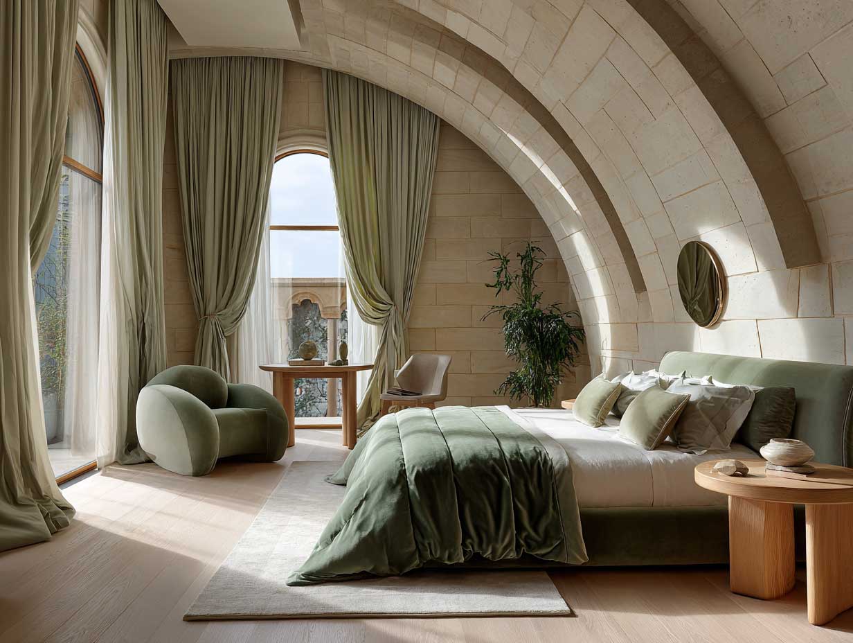 full-length master bedroom interior featuring layered sage green velvet textiles, soft cream stone walls, curved oak furniture, sculptural lighting, floor-to-ceiling linen drapes, ambient morning light, editorial composition, luxury Scandinavian aesthetic