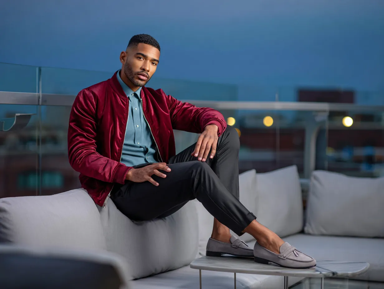 full-length male model wearing maroon bomber jacket, teal button-down dress shirt, black tailored trousers, gray suede loafers, rooftop lounge background, non-standard male face, twilight ambient lighting, semi-formal styling, elegant casual vibe