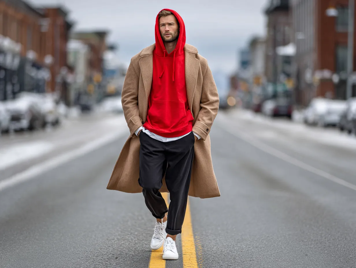 full-length male model wearing red oversized hoodie layered under tan wool overcoat, black tapered trousers, white leather sneakers, city street in early winter, original non-standard male face, confident urban mood, cool gray sky, lifestyle photography vibe