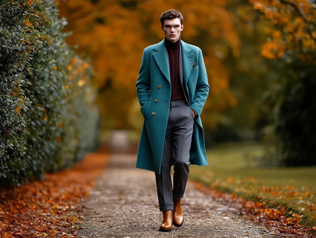 full-length male model wearing teal wool overcoat, maroon fitted turtleneck sweater, dark gray tapered trousers, brown leather Chelsea boots, autumn park scene with fallen leaves, original non-standard male face, moody golden hour lighting, polished and seasonal styling