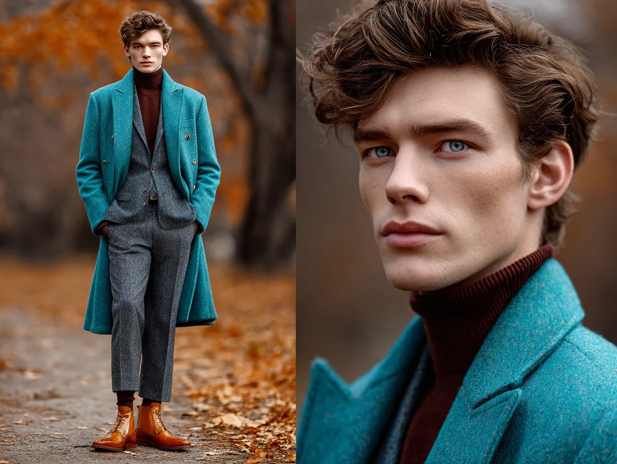 full-length male model wearing teal wool overcoat, maroon fitted turtleneck sweater, dark gray tapered trousers, brown leather Chelsea boots, autumn park scene with fallen leaves, original non-standard male face, moody golden hour lighting, polished and seasonal styling