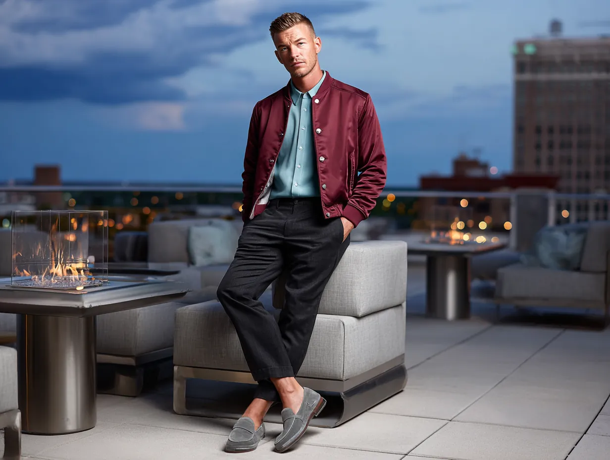 full-length male model wearing maroon bomber jacket, teal button-down dress shirt, black tailored trousers, gray suede loafers, rooftop lounge background, non-standard male face, twilight ambient lighting, semi-formal styling, elegant casual vibe