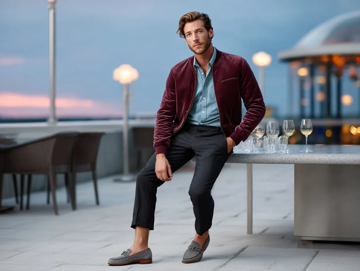full-length male model wearing maroon bomber jacket, teal button-down dress shirt, black tailored trousers, gray suede loafers, rooftop lounge background, non-standard male face, twilight ambient lighting, semi-formal styling, elegant casual vibe