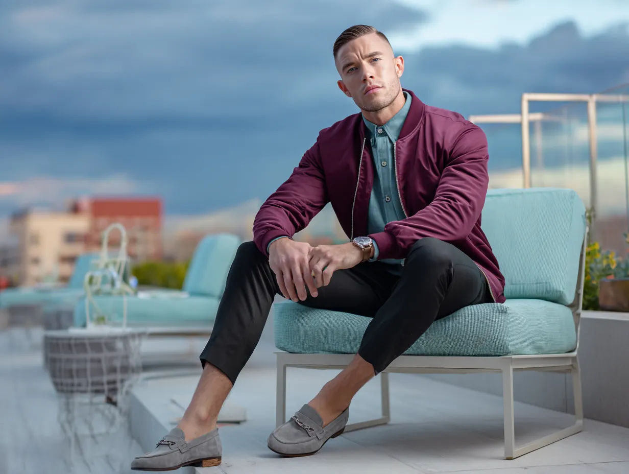 full-length male model wearing maroon bomber jacket, teal button-down dress shirt, black tailored trousers, gray suede loafers, rooftop lounge background, non-standard male face, twilight ambient lighting, semi-formal styling, elegant casual vibe