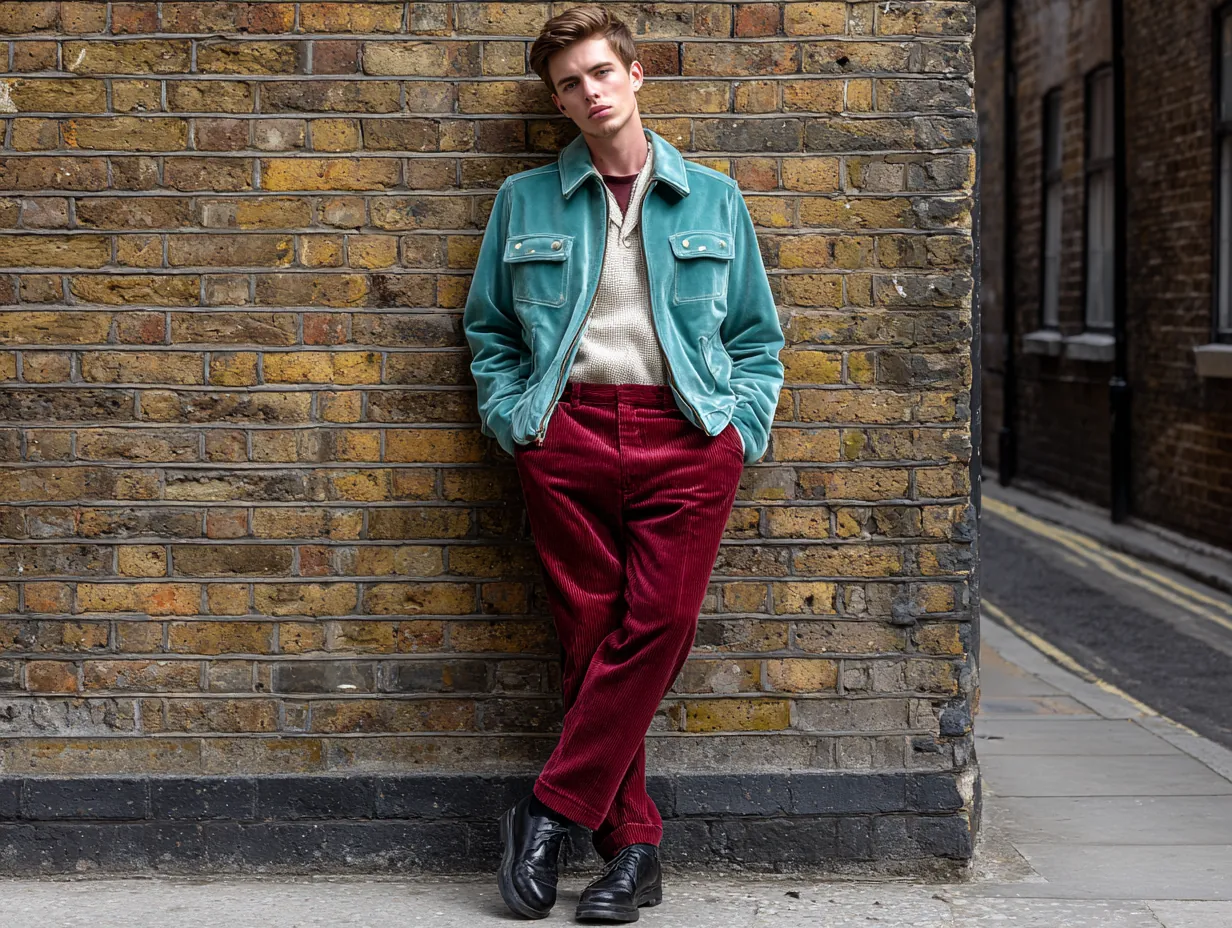 full-length male model wearing teal Harrington jacket, maroon corduroy trousers, cream knit henley shirt, black derby shoes, brick wall city backdrop, original non-standard male face, soft overcast light, vintage urban vibe, relaxed stance