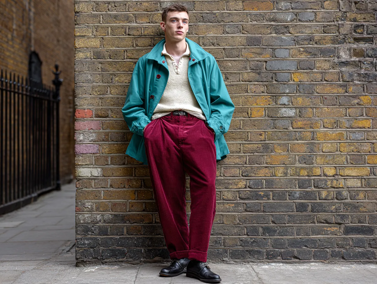 full-length male model wearing teal Harrington jacket, maroon corduroy trousers, cream knit henley shirt, black derby shoes, brick wall city backdrop, original non-standard male face, soft overcast light, vintage urban vibe, relaxed stance