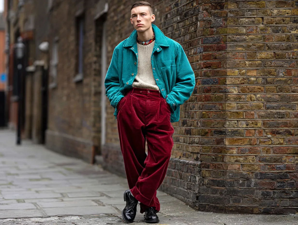full-length male model wearing teal Harrington jacket, maroon corduroy trousers, cream knit henley shirt, black derby shoes, brick wall city backdrop, original non-standard male face, soft overcast light, vintage urban vibe, relaxed stance