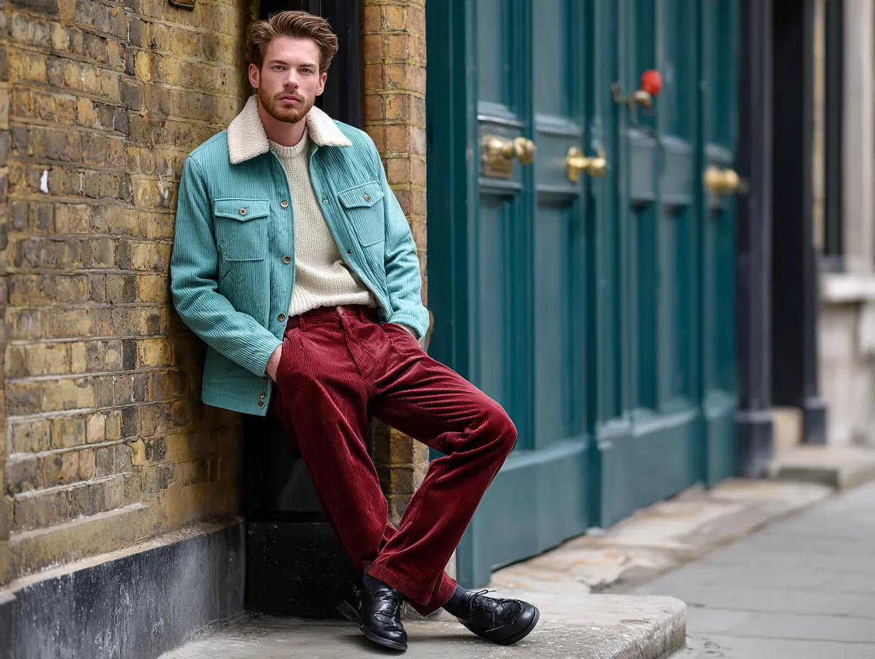 full-length male model wearing teal Harrington jacket, maroon corduroy trousers, cream knit henley shirt, black derby shoes, brick wall city backdrop, original non-standard male face, soft overcast light, vintage urban vibe, relaxed stance