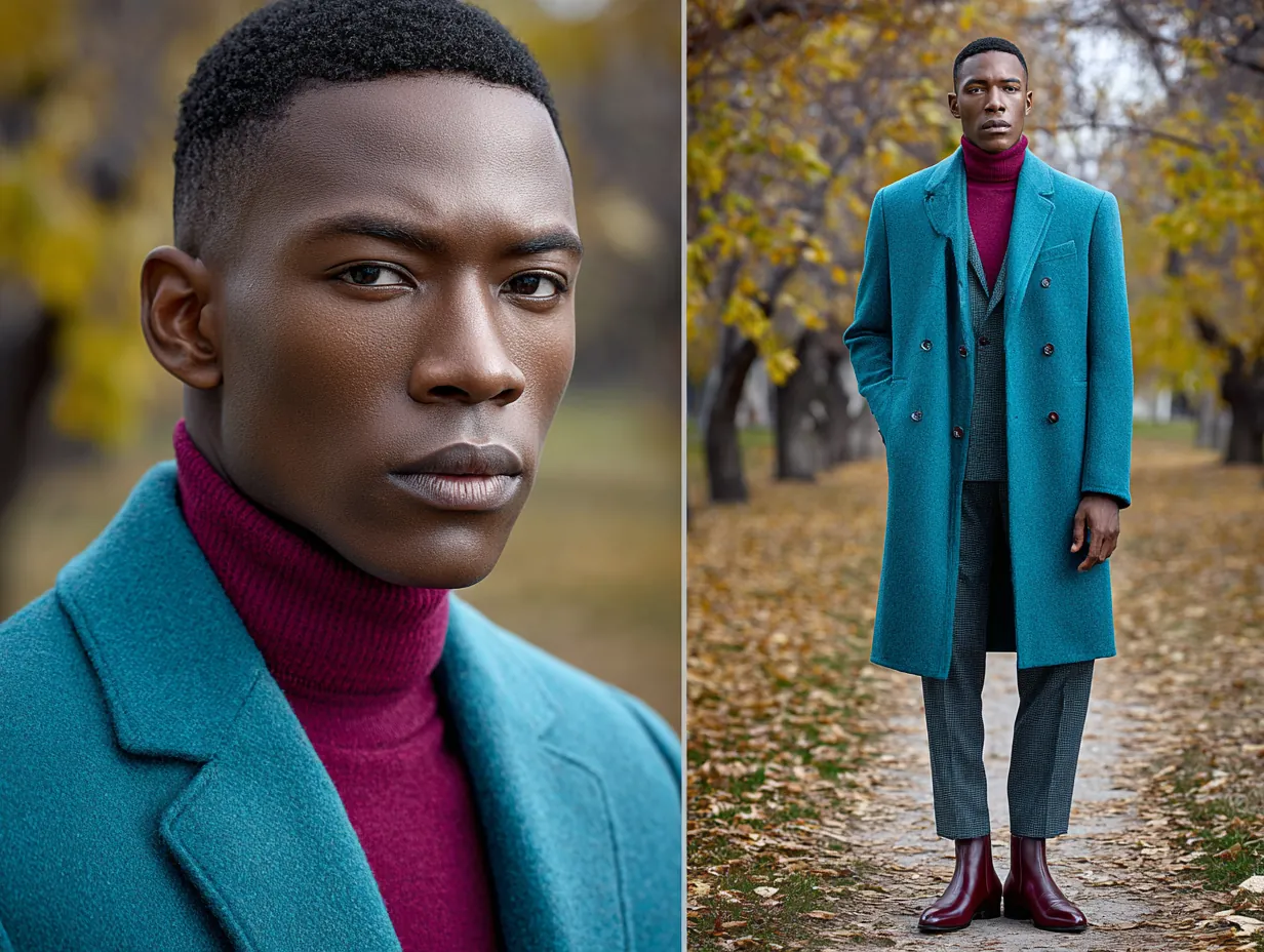 full-length male model wearing teal wool overcoat, maroon fitted turtleneck sweater, dark gray tapered trousers, brown leather Chelsea boots, autumn park scene with fallen leaves, original non-standard male face, moody golden hour lighting, polished and seasonal styling
