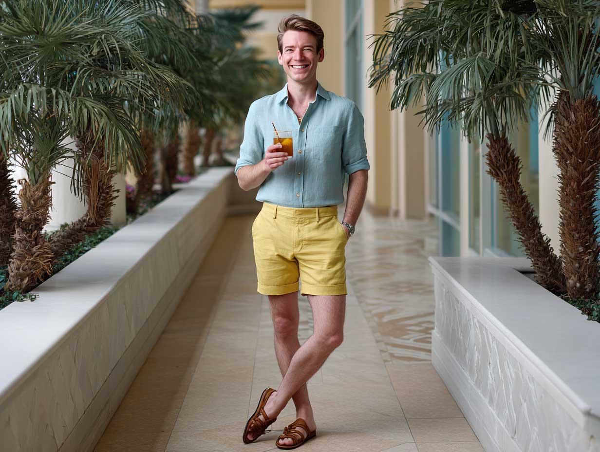 young man in short-sleeve aqua linen shirt, lemon yellow tailored chino shorts, brown leather sandals, standing on a tropical patio with palm trees, holding iced drink, smiling
