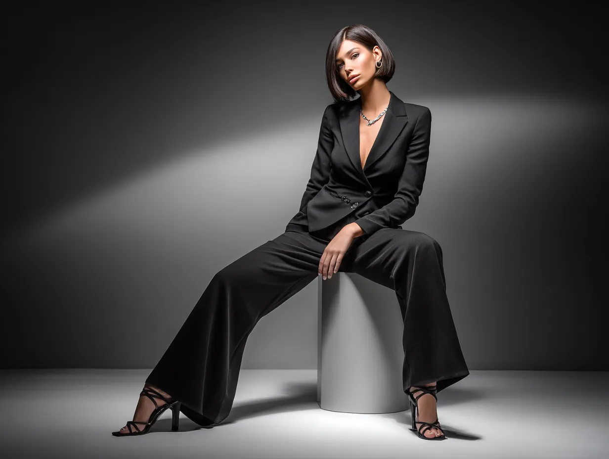 full length female supermodel in a fitted black structured blazer and wide-leg black trousers, black strappy heels, minimalist jewelry, slick short bob haircut, matte black background with spotlight effect, contemporary fashion setting, sharp and clean styling