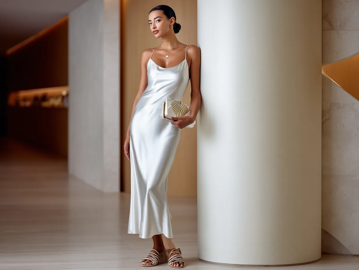full length female supermodel in a minimalist white satin slip dress, beige barely-there sandals, slicked-back bun, soft natural makeup, geometric clutch bag, all-white upscale cocktail party background, warm ambient lighting, ultra clean aesthetic