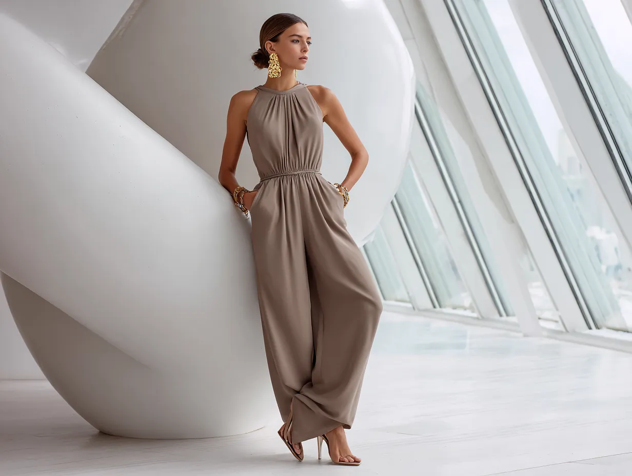 full length female supermodel wearing a taupe minimalist jumpsuit, wide leg silhouette, cinched waist, gold sculptural earrings, soft low bun hairstyle, neutral-toned high-heel sandals, minimalist art gallery background with natural light, subtle elegance