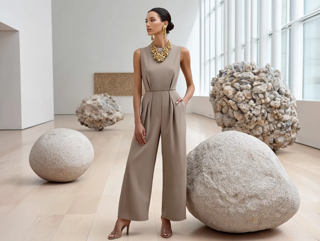 full length female supermodel wearing a taupe minimalist jumpsuit, wide leg silhouette, cinched waist, gold sculptural earrings, soft low bun hairstyle, neutral-toned high-heel sandals, minimalist art gallery background with natural light, subtle elegance