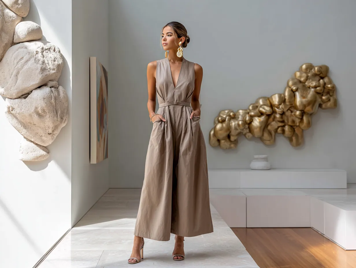 full length female supermodel wearing a taupe minimalist jumpsuit, wide leg silhouette, cinched waist, gold sculptural earrings, soft low bun hairstyle, neutral-toned high-heel sandals, minimalist art gallery background with natural light, subtle elegance