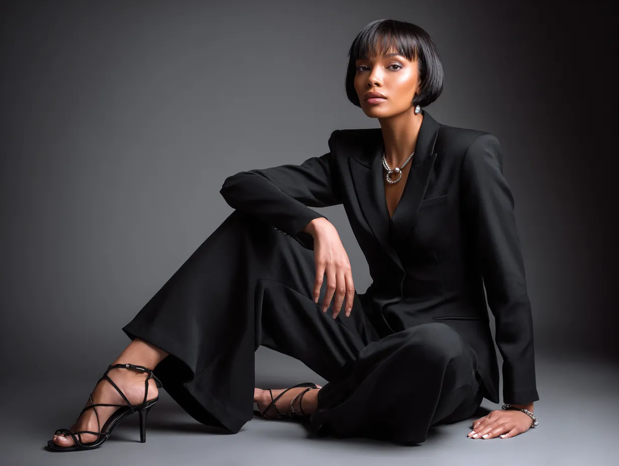 full length female supermodel in a fitted black structured blazer and wide-leg black trousers, black strappy heels, minimalist jewelry, slick short bob haircut, matte black background with spotlight effect, contemporary fashion setting, sharp and clean styling